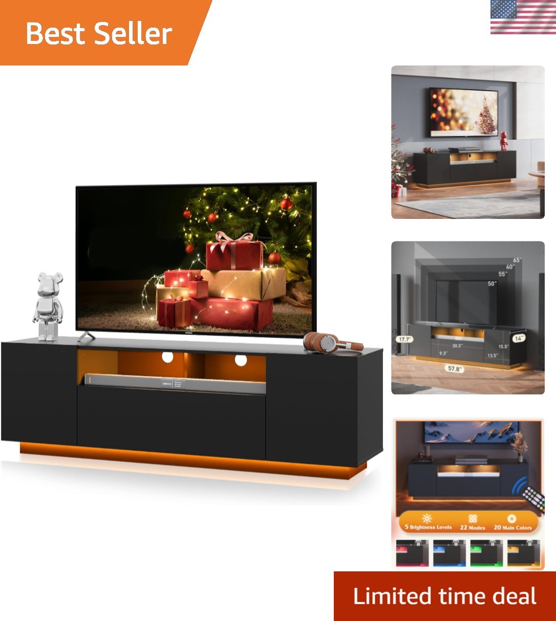 For 65 Inch Tv, Entertainment Center With Led Lights & Large