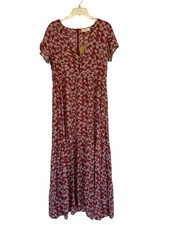 Natural Life Maxi Dress Sz Lg Red Floral Boho Cottagecore Festival Short Sleeve