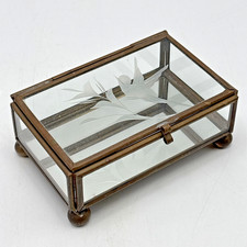 Small Mirrored Glass Brass Hinged Trinket Box Etched Bird Flora Ball Feet