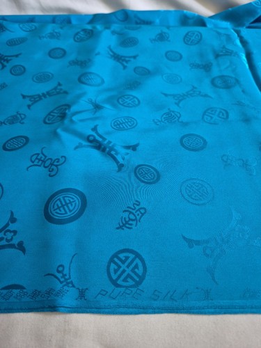 Vintage Pure Silk Fabric – 6 Yards Blue Teal Chinese Blessing Brocade, 29" Wide - Picture 3 of 13