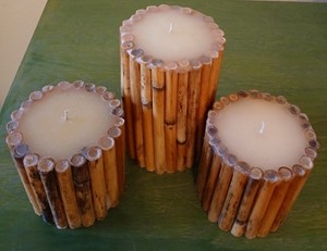 SET OF 3 EMBEDDED BAMBOO PILLAR CANDLES VINTAGE TARGET, MINT, BOTANICAL ZEN!