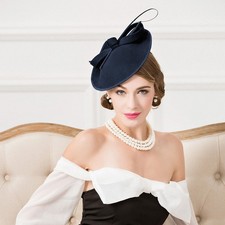Navy Wool Felt Fascinators Hats For Women Tea Party Church Hat With Feather