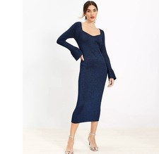 NEW LOFT ( Size M Petite) Blue Ribbed Bodycon Dress w/Trumpet Sleeves