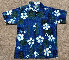 Vintage 60s JC Penney Towncraft Blue Hawaiian Aloha Cotton Barkcloth Mens Small