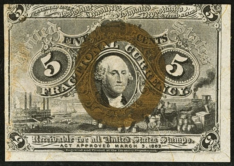 FR 1235 - 5c SECOND ISSUE FRACTIONAL FIBER PAPER w/ "18-63" "R-1" - PCGS 61 NEW - Image 3 of 4