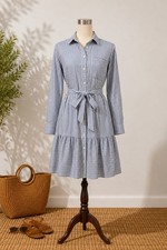 LOFT Striped Tiered Shirt Dress Womens S Blue White Long Sleeve Tie Waist Cotton