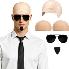 4 PCS Bald Cap Halloween Costume Set with Fake Beard, Sunglasses and Hair Cap fo