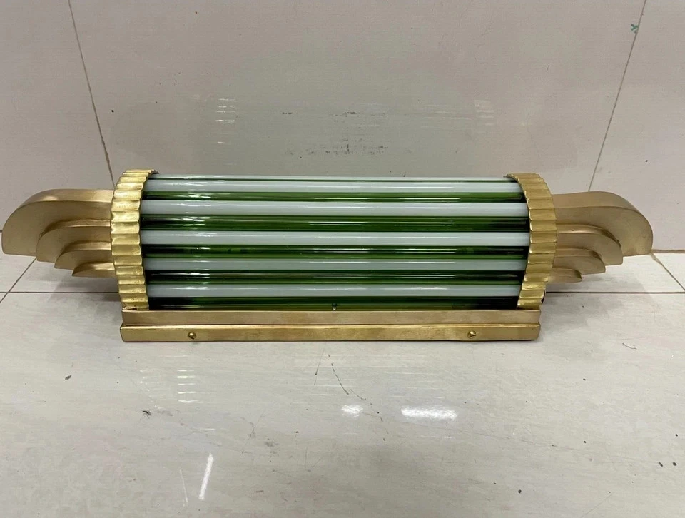 Art Deco Skyscraper Wall Sconces Antique Brass & Green Milk Glass Light 1 Piece - Image 3 of 4