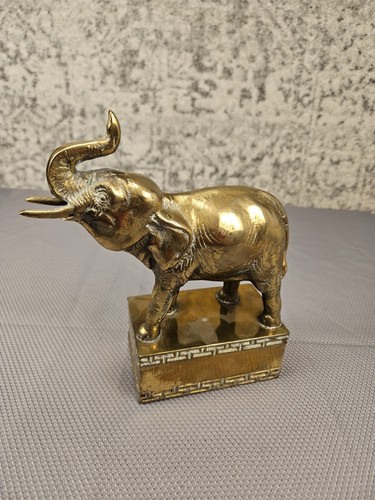 Vtg Elephant Brass Sculpture Decorative Boho Base Mounted Weighted 8" Tall