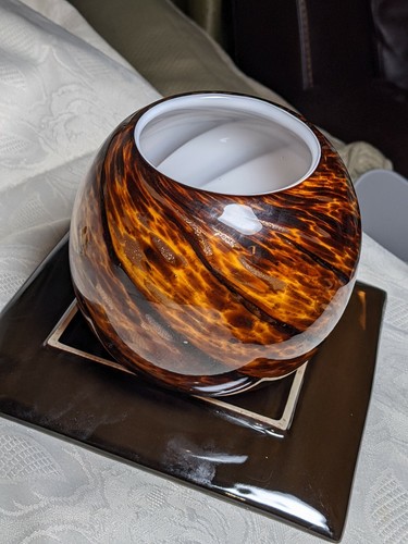 Handblown Art Glass Leopard, Adventurine Black Striped 5" Vase Lined In White - Picture 2 of 9