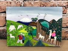 Equador Columbia Primitive Folk Art Painting Signed Milton Licta Animal Hide 5x7