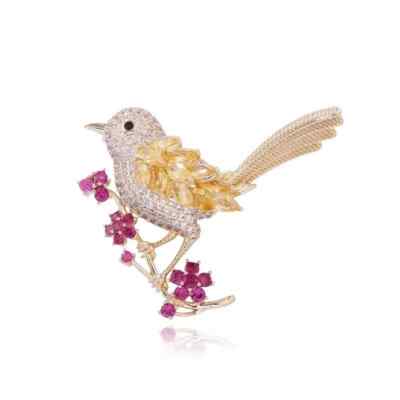 Woman's Fashion Magpie Flower Bird Clear Zircon Crystal Brooch Pin Jewelry Gifts