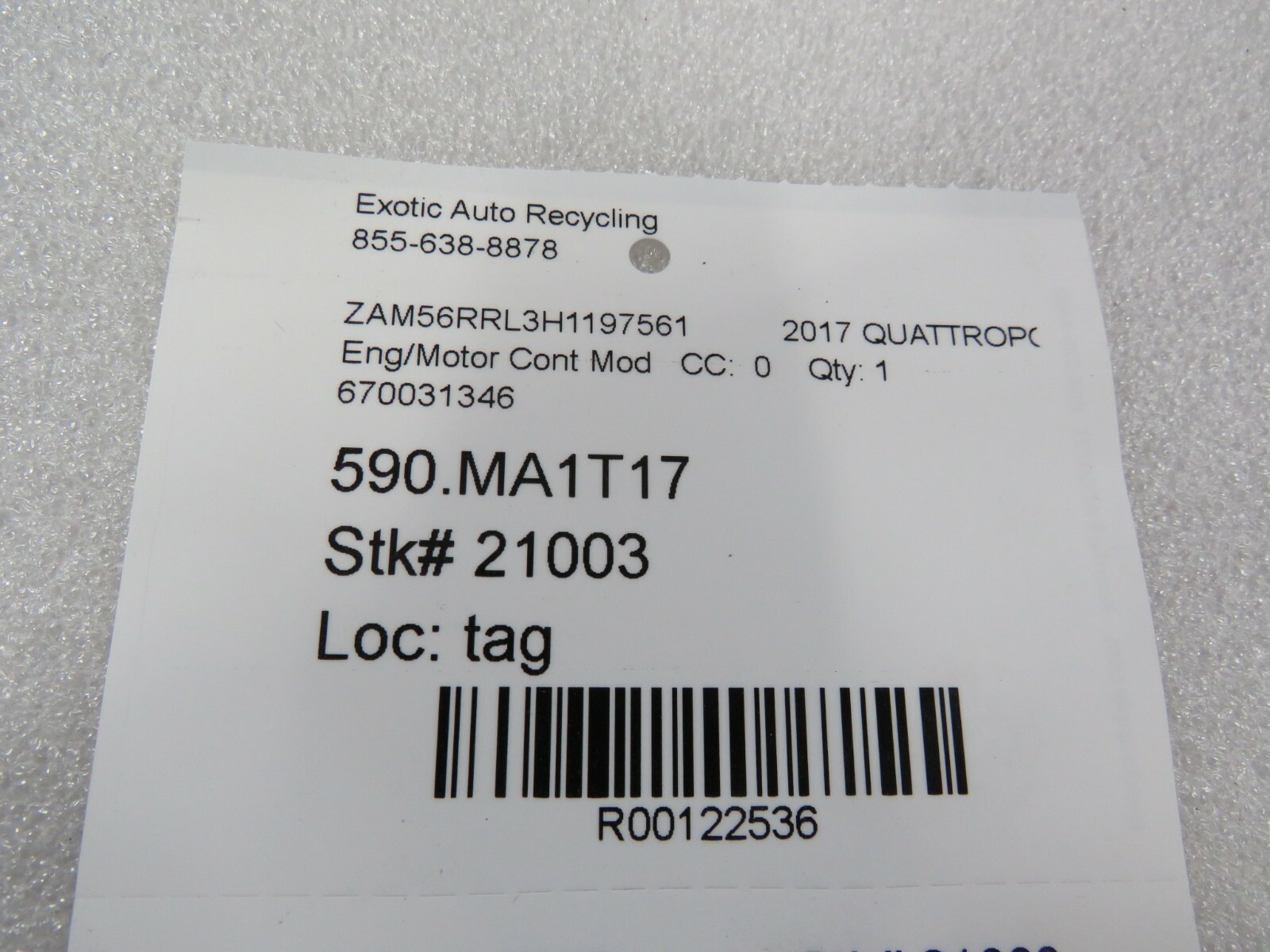 Maserati Ghibli, Quattroporte, Engine Control Module, ECU, Used, P/N 670031346