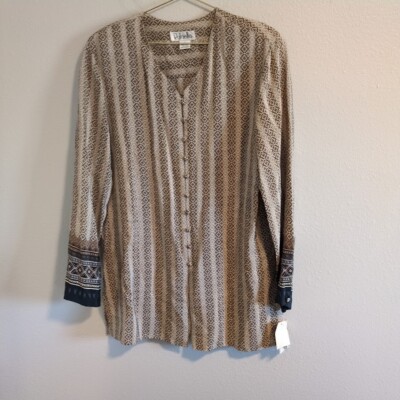 VTG NWT Rafaella Blouse Size Large Brown 100% Silk Women Blouse Stripes