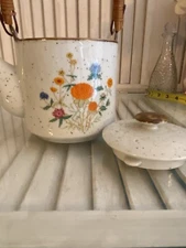 Vintage Japanese Teapot With Matching Mugs With Rattan Handle Floral Design