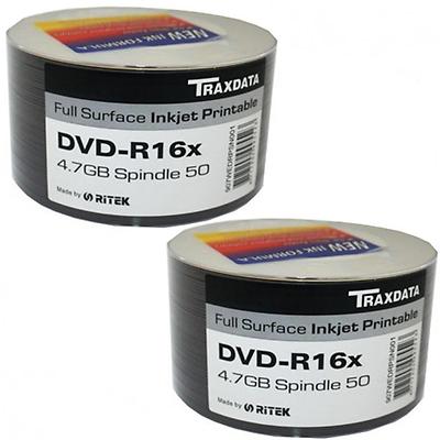 100 PACK TRAXDATA DVD-R 16X SPEED FULL FACE INKJET PRINTABLE 4.75GB ...