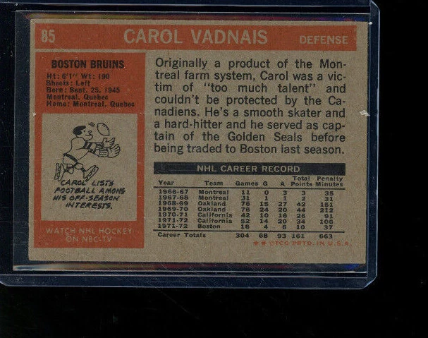 1972-73 TOPPS HOCKEY CAROL VADNAIS #85 BRUINS - Image 2 of 2