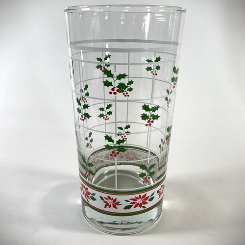 VTG 2 Libbey Christmas Windowpane Tumbler/ Hiball Glasses Holly Poinsettia 12 oz - Picture 11 of 13
