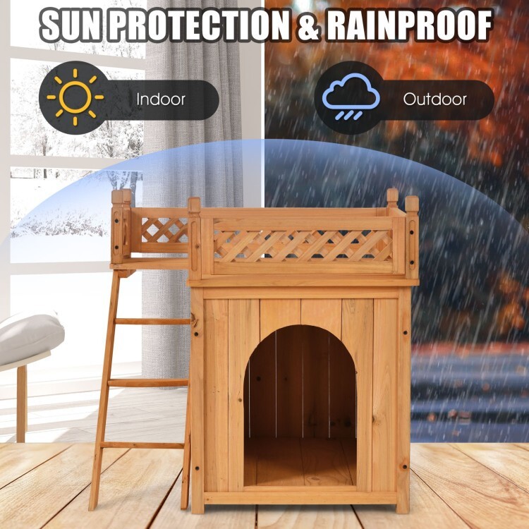 Wooden Dog House with Stairs and Raised Balcony for Puppy,Cat,Rabbit and  chicken