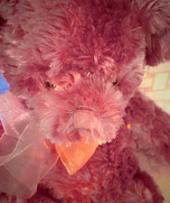 Vintage 8" Pink Russ Berrie Plush Fluffy Bear Named "Sherry" W/Cute Bow