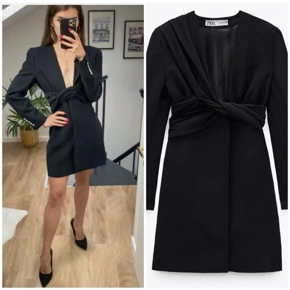 Zara Draped Blazer Mini Dress Ruched Black Size XS