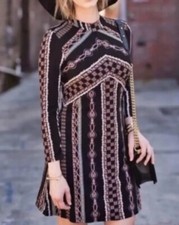 Free People Dress Stella Knit Mini Mock Neck Long Sleeve Black Multi  Boho M