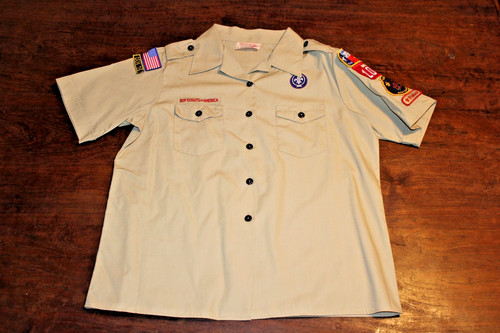 Boy Scouts of America BSA Women's Shirt Tan X-Large XL Glue Patches Short Sleeve