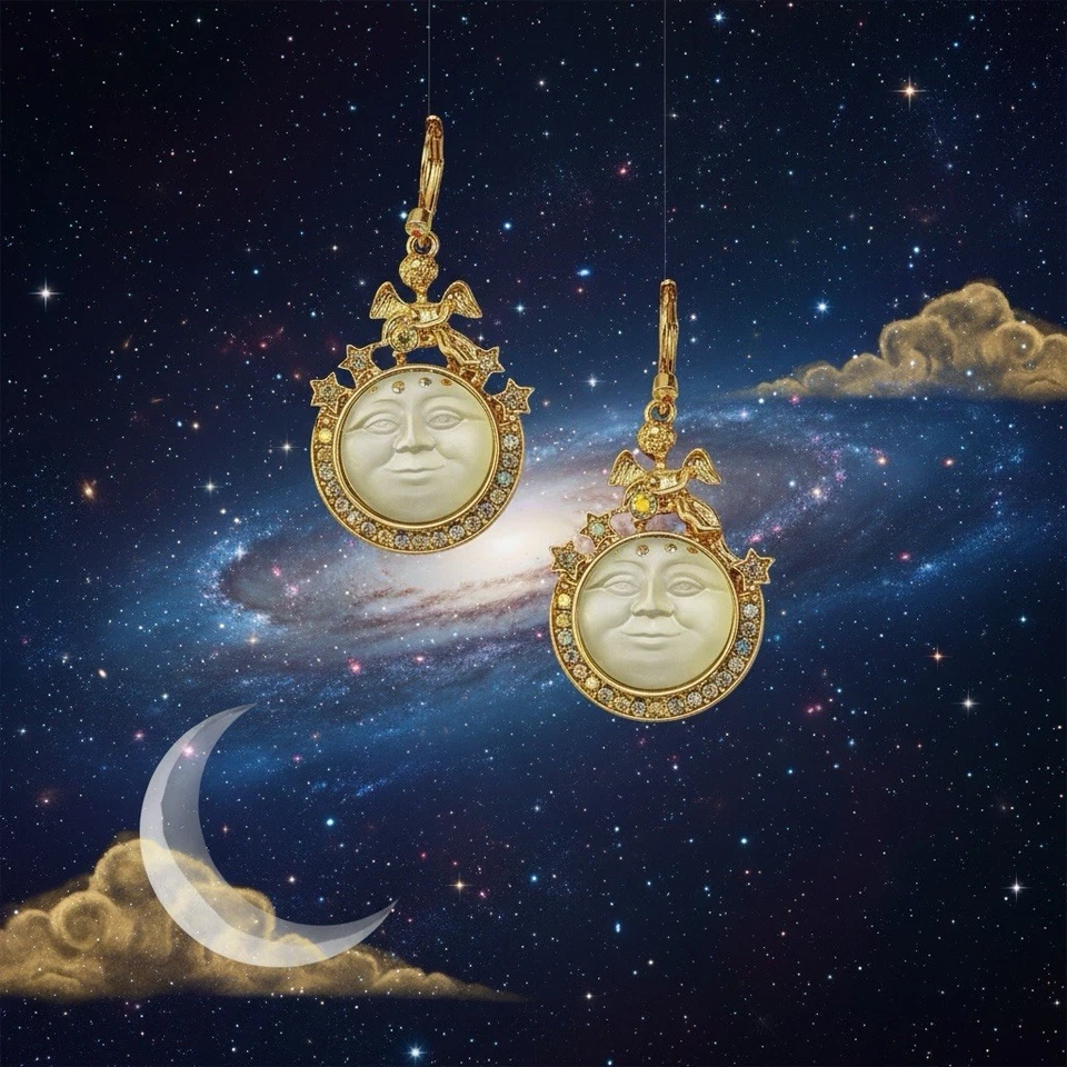 Pendientes Cara Luna Celestial Oro Estrella Ángel De Colección Perla Circonita Circonita Circonita Declaración Art Deco Foto 3 de 4