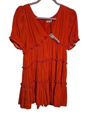 Day + Moon Red-Orange Ruffled Short Sleeve Dress - Medium