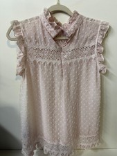 Blush Swiss Dot Lace Trim Sleeveless Blouse  Ruffle Neck Medium