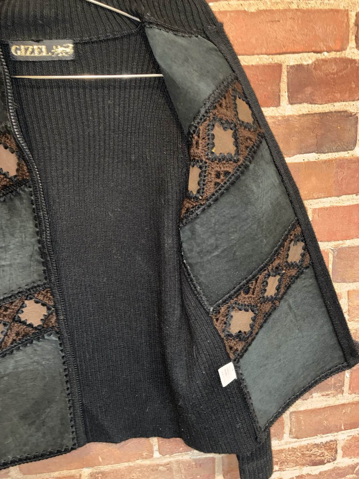 Gizel Patchwork Authentic Leather Knit Jacket Bla… - image 9