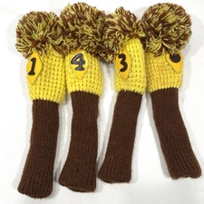VTG Deluxe Knit Golf Club Head Covers Pom Pom Set Of 4 Brown & Yellow EUC