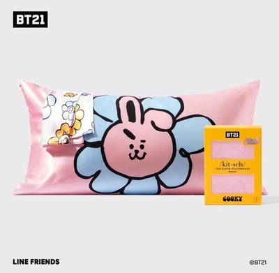 Kitsch x BT21 King COOKY Satin Floral Pillowcase Pink Bunny Line Friends New