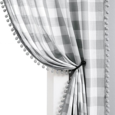 Pompom Check Curtains Grey White Gingham Plaid Curtain Panels 63 inch Rustic