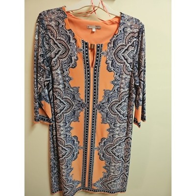 Signature Camryn Coral And Navy Paisley Dress 3/4 Sleeve Size 14