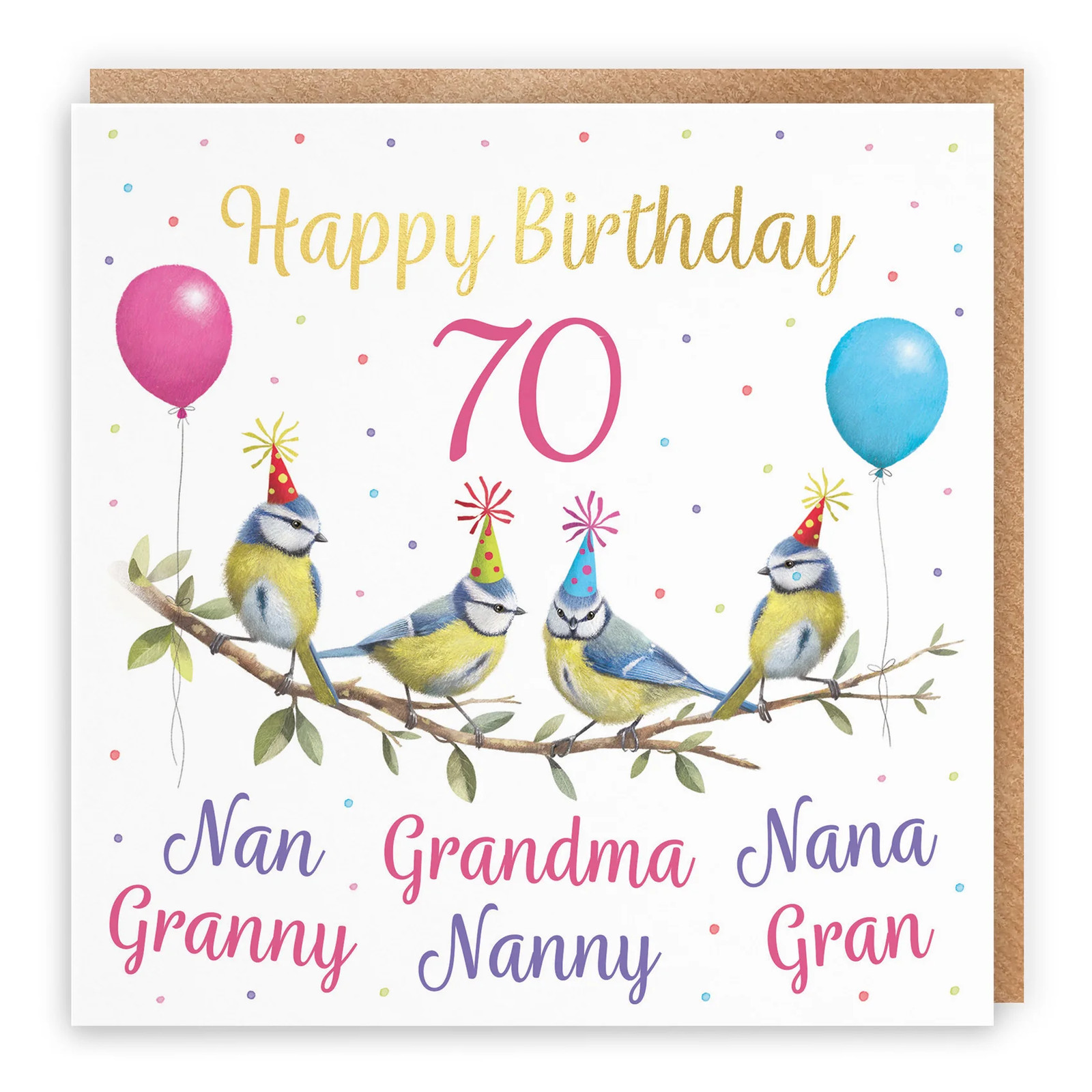 70th Multi Name Grandma Blue Tits Birthday Card Gold Foil Milo's Gallery