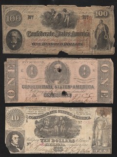 DEALERS LOT OF 3 CONFEDERATE CURRENCY NOTES T 41 T 30 T 55 CIVIL WAR BILLS