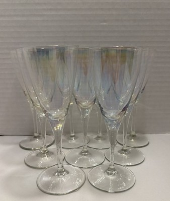 9 VTG Fostoria Iridescent Shimmer Luster Rainbow Crystal Cordials Glasses 5.5 