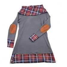 Plaid Cowl Neck Long Sleeve Tunic Dress Gray Small Fall Cozy Retro Style