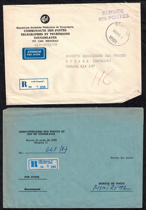 Yugoslavia 1987-88 3 Official Registered Airmail Covers to Canada