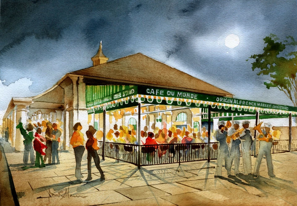Cafe du Monde, New Orleans French Quarter. Full moon. James Mann art wall prints - Imagem 2 de 2