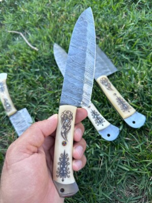 HANDMADE DAMASCUS STEEL CHEF KNIFE KITCHEN KNIVES CHEF SET ENGRAVED CAMEL BONE