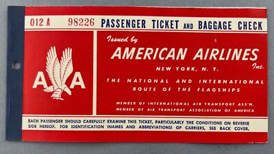AMERICAN AIRLINES VINTAGE USED AIRLINE TICKET PARIS - LONDON - NEW YORK 1950 AA