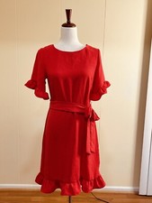 NWT MSRP $129 Tahari Belted Dress with Ruffle Hem and Short Sleeves Red XS