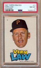 1967 TOPPS PIRATES STICKERS VERN LAW #11 PSA 8!!