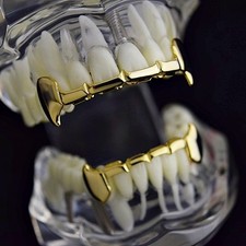 Full Fang Grillz Set Slim Grill 14k Gold Plated Dracula Half Teeth Vampire Fangs