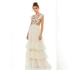 Mac Duggal Embroidered Bodice Cap Sleeve Ruffle Tiered Gown 8