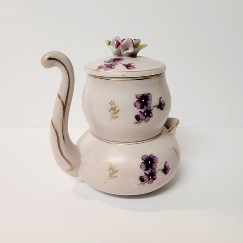 Vintage LEFTON stapelbare langhändige Milchkännchen & Zucker mit Deckel violett Blumenmuster 4,75" - Bild 4 von 16