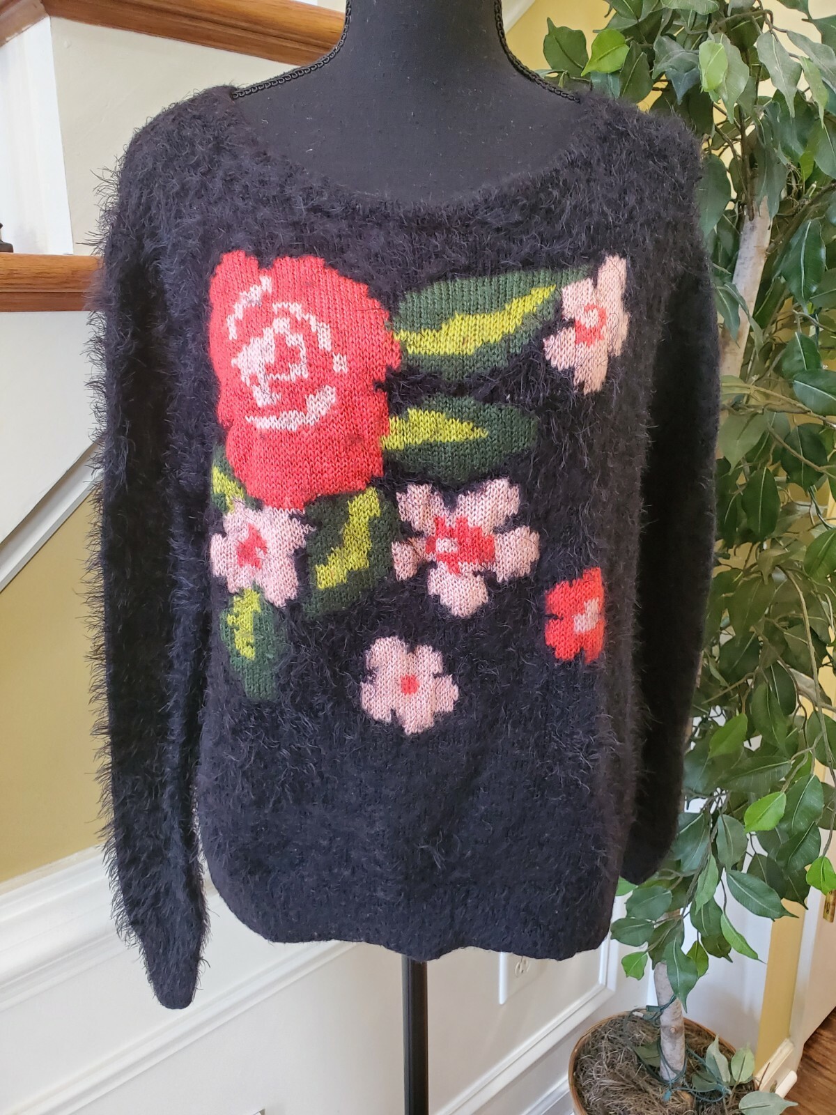 Black Floral Fuzzy Pullover Sweater 