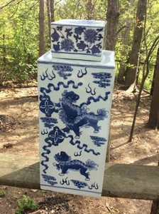 Tall Heavy Blue White Chinese Foo Dog Jar